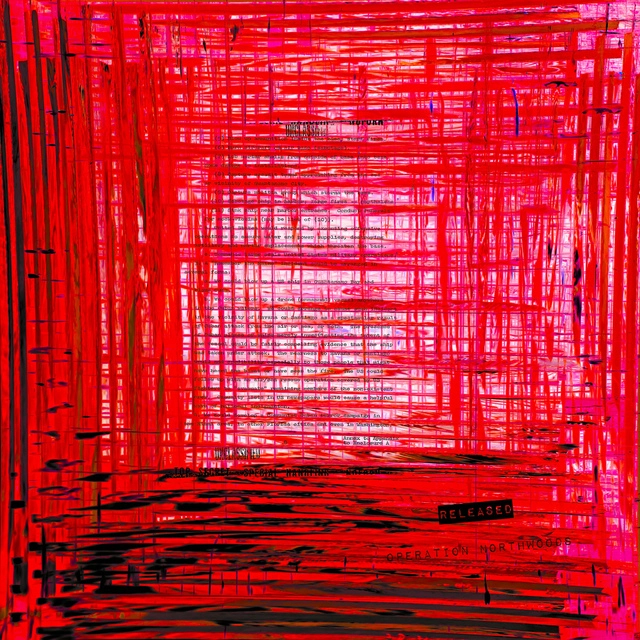 Abstract artwork featuring a chaotic web of vibrant red lines overlaying partially visible text