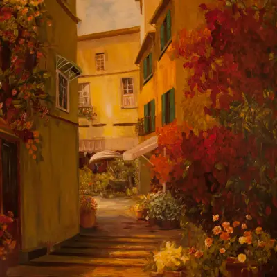A sunlit alleyway lined with vibrant flowers and yellow buildings, leading to a charming courtyard filled with greenery