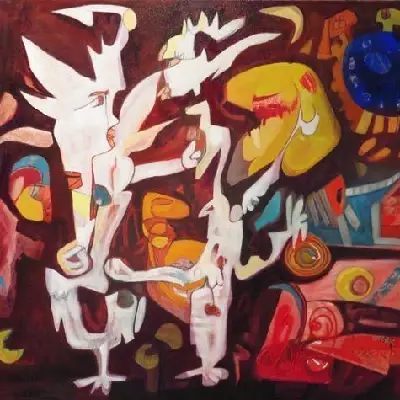 A painting illustrating a confrontation between two people in a dynamic water setting.