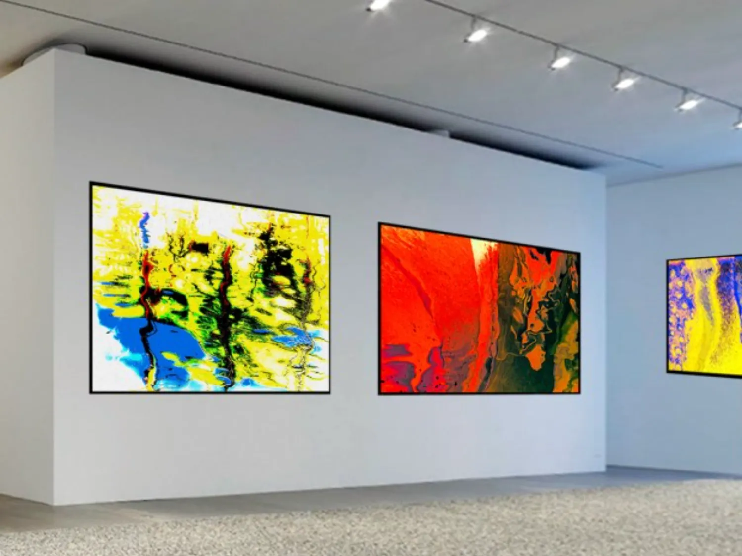 Three colorful paintings displayed on white walls in a modern art gallery setting.<br />